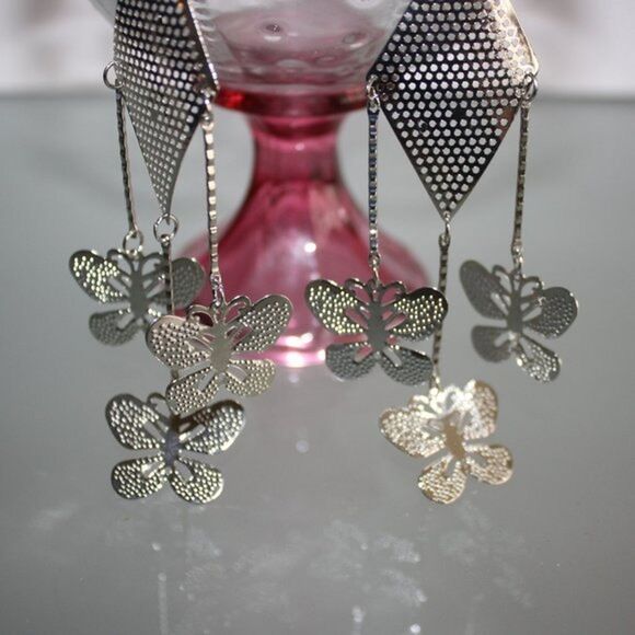 Silver Mesh Rectangle & Butterfly Dangle Earrings Women's Boho Fashion Jewelry - Picture 2 of 3
